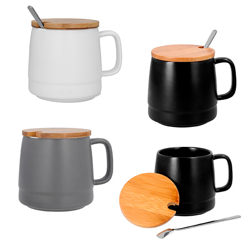 Taza con acabado mate, tapa de bambú y cuchara metálica---ROHO026